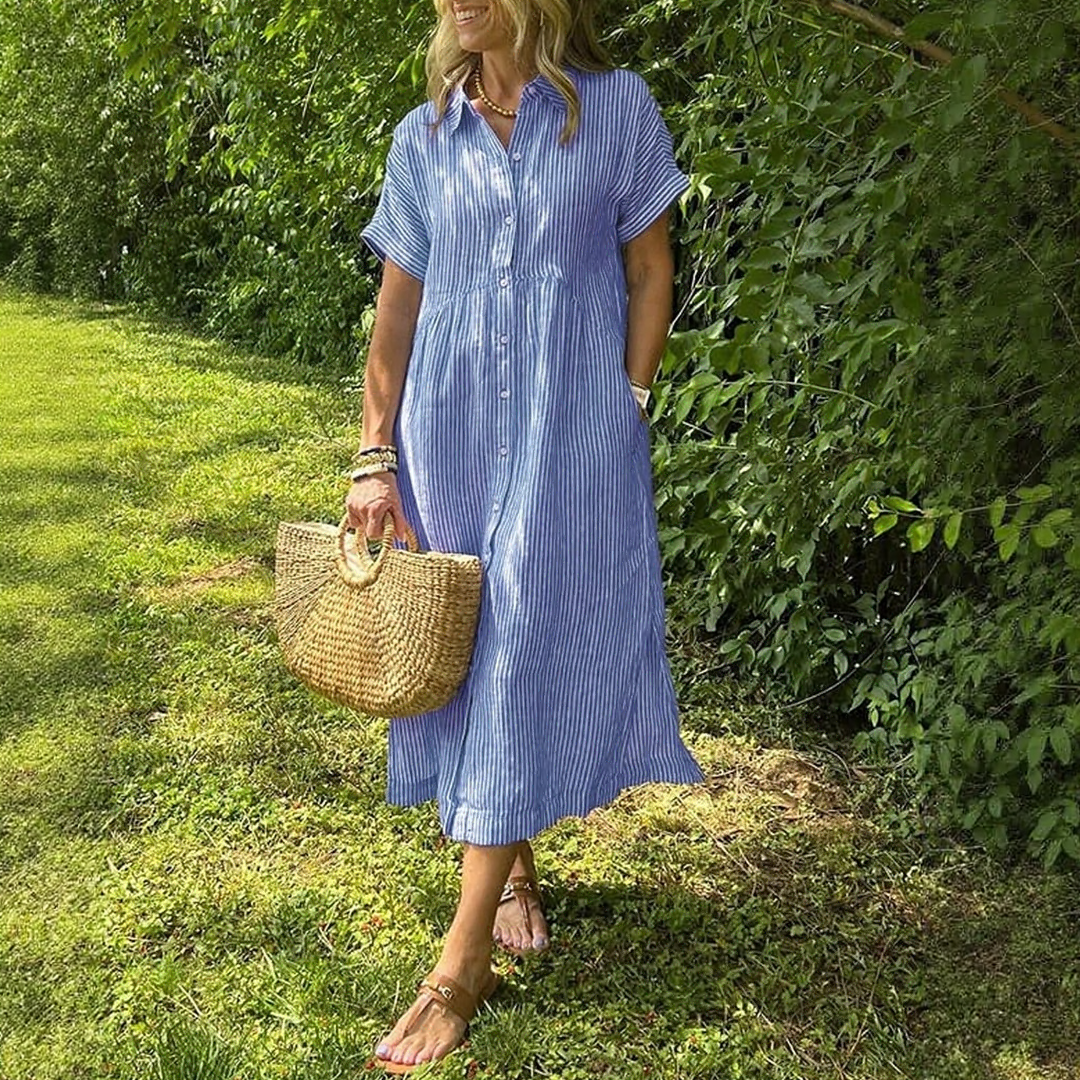 Casual Striped Midi Dress with Pockets