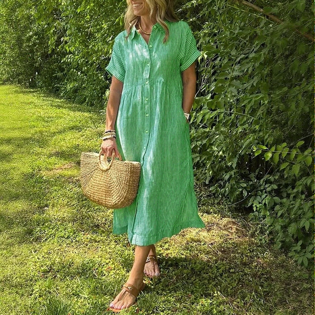 Casual Striped Midi Dress with Pockets