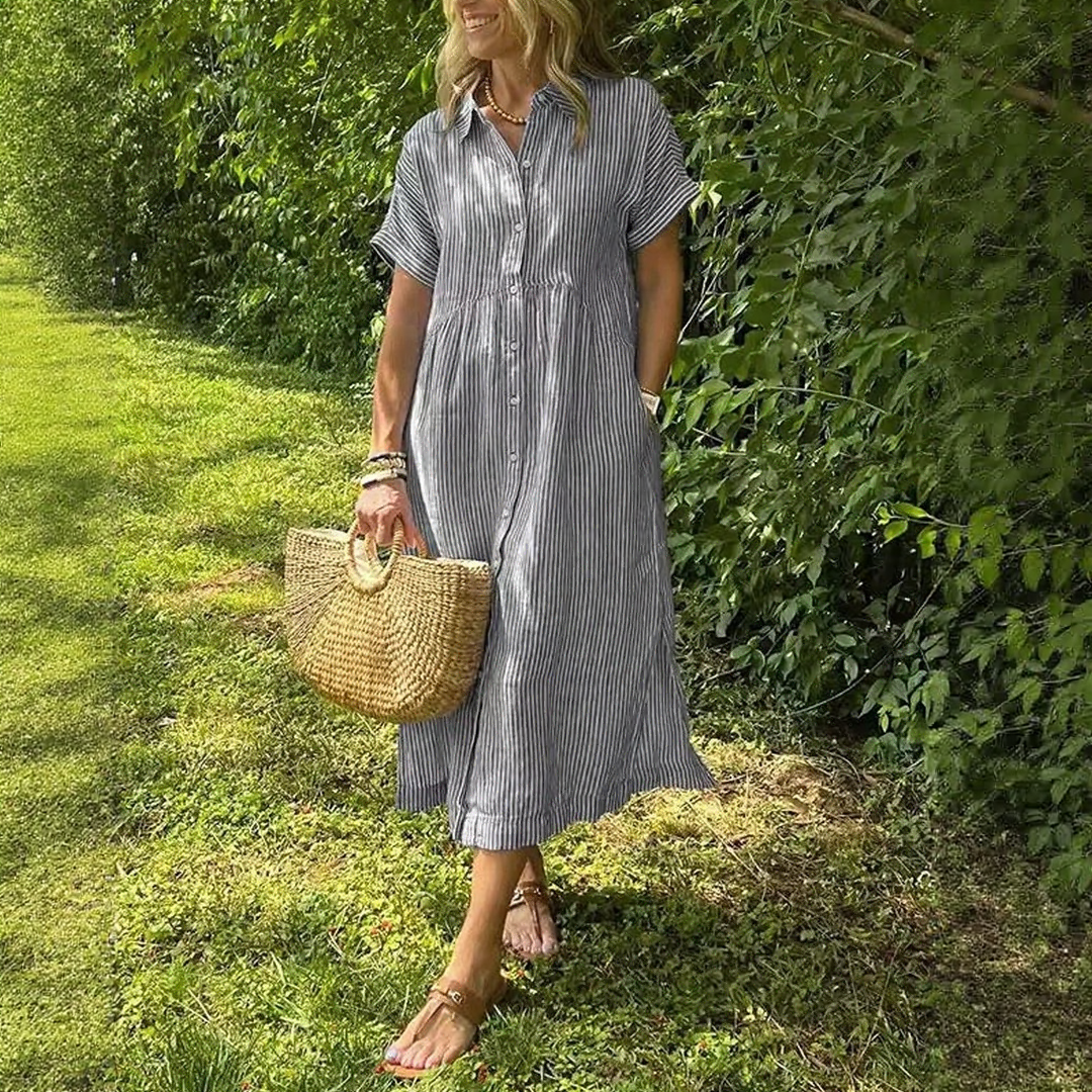Casual Striped Midi Dress with Pockets