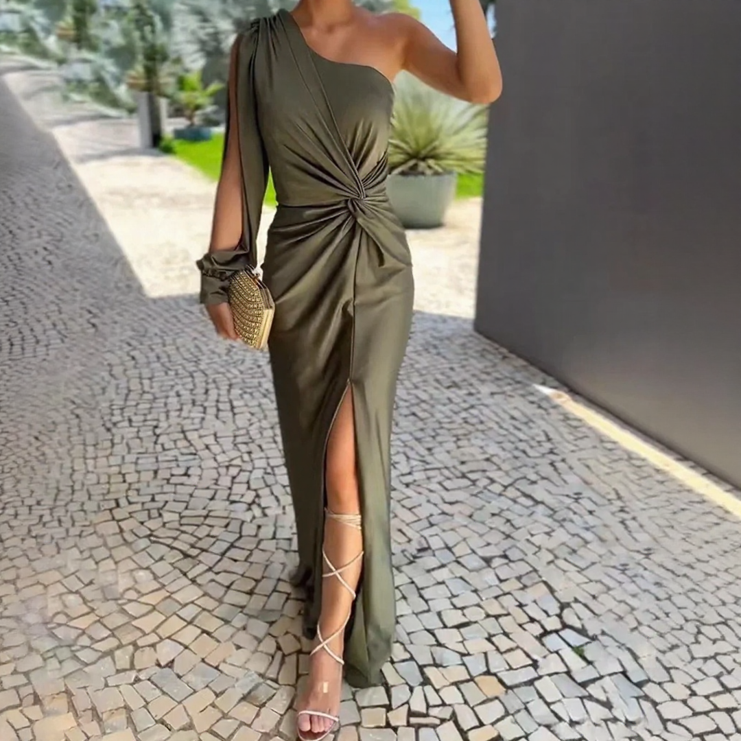 Elegant Olive Green One-Shoulder Satin Dress