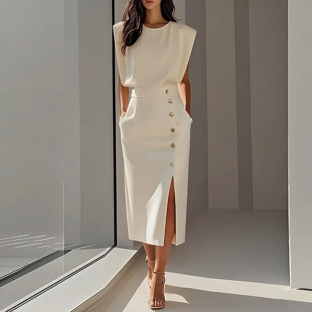Elegant Crew Neck Button Slit Midi Dress for Women