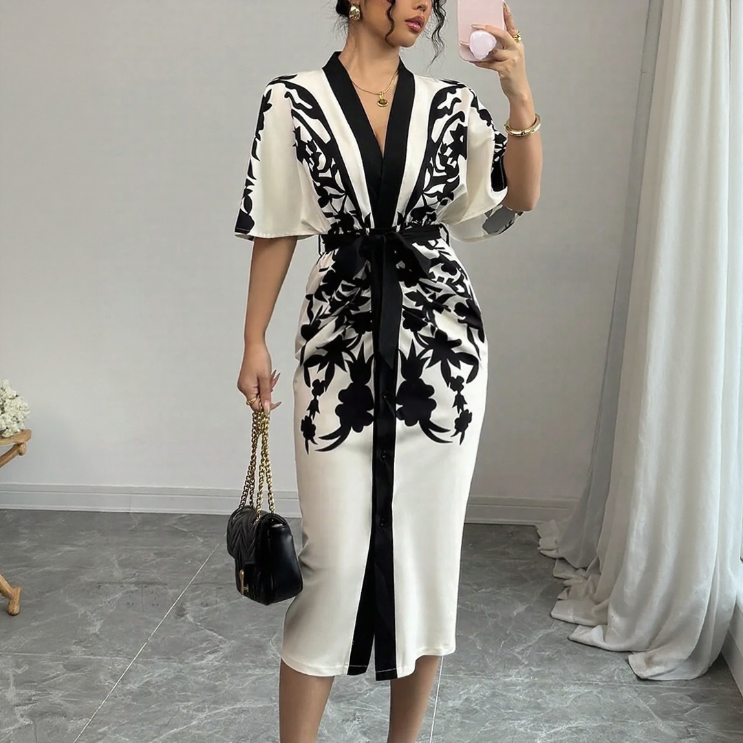 V-neck Floral Midi Dress with Belt