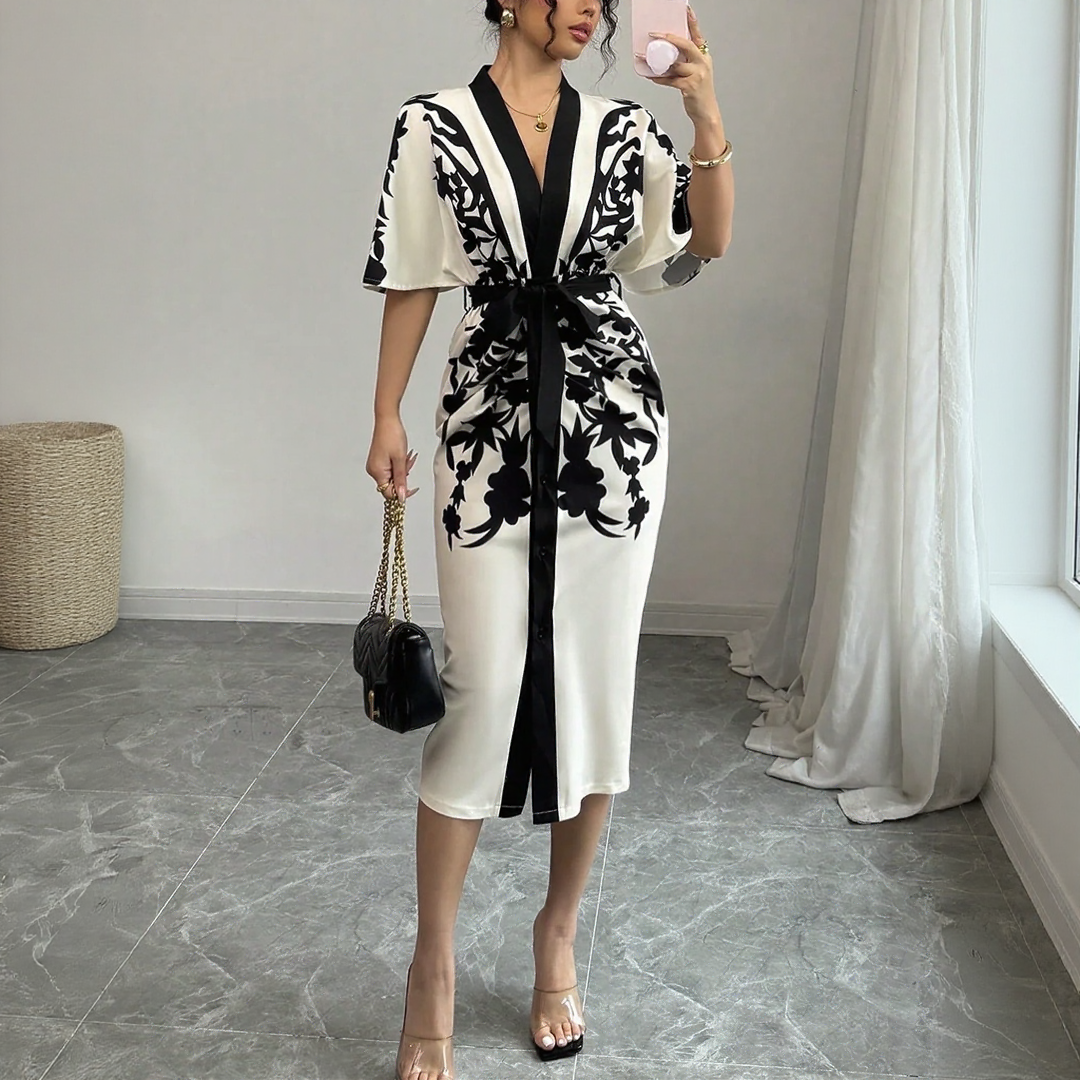 V-neck Floral Midi Dress with Belt