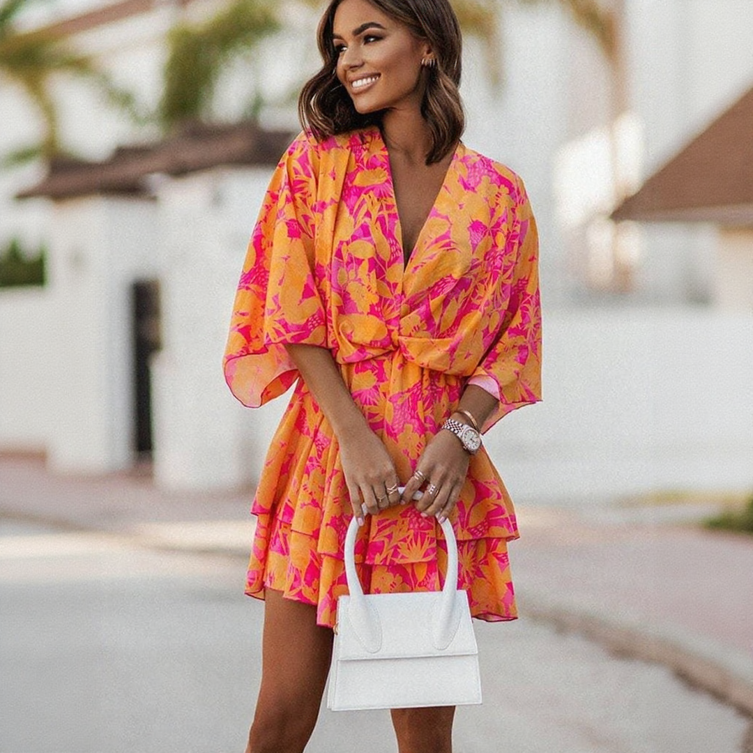Boho Chic Tropical Print Wrap Mini Dress