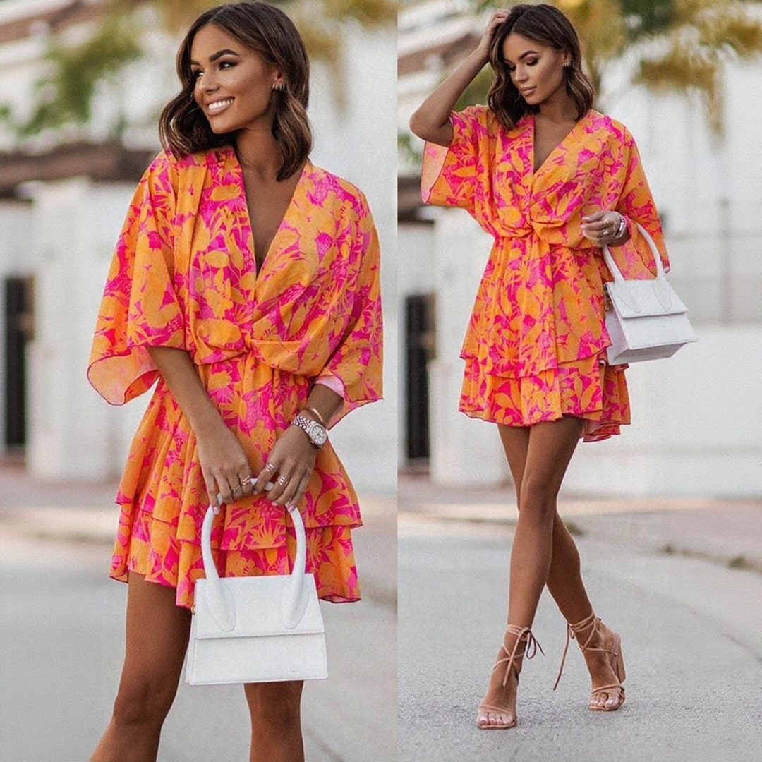 Boho Chic Tropical Print Wrap Mini Dress