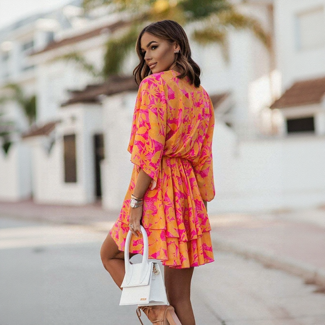Boho Chic Tropical Print Wrap Mini Dress