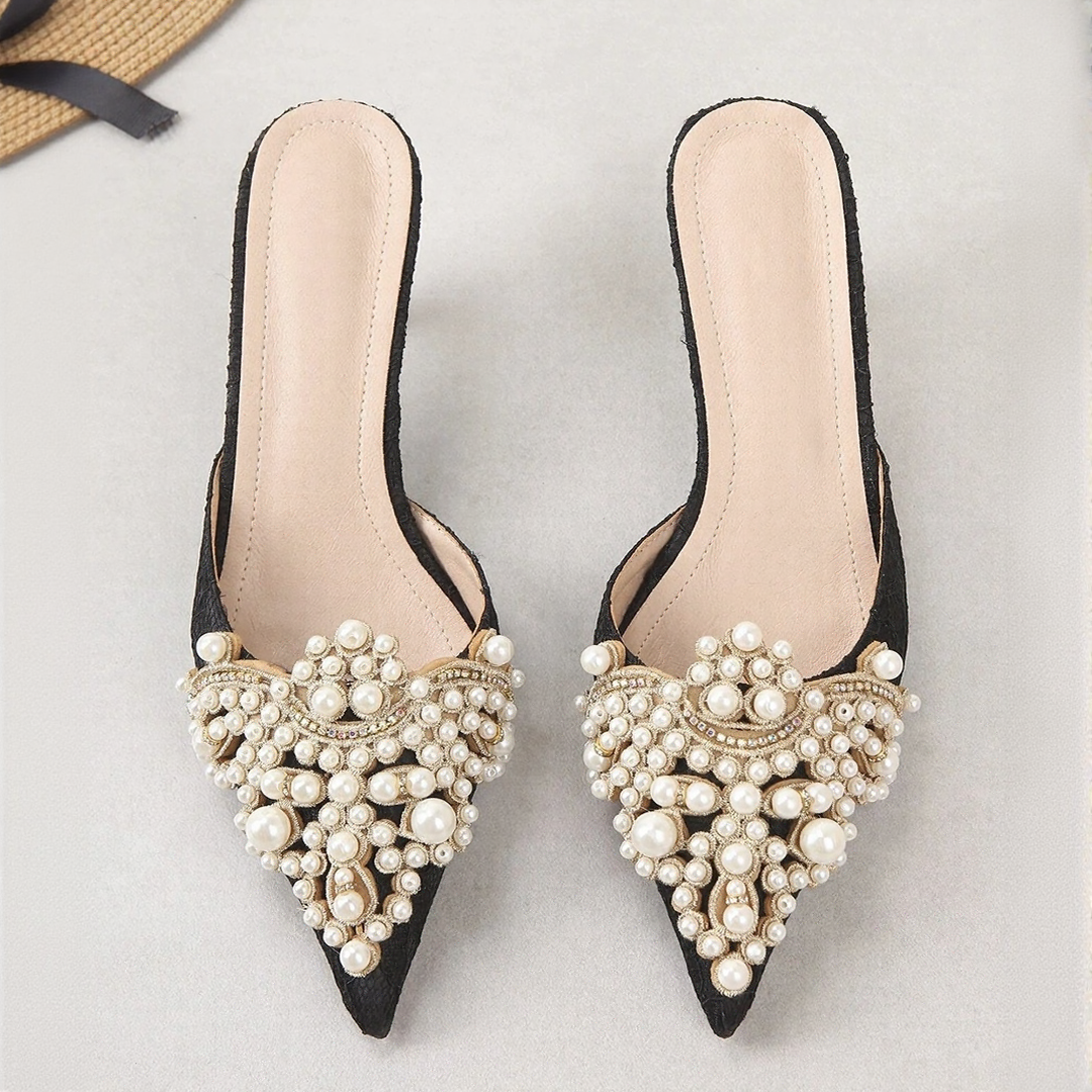 Pearl Embellished Pointed Toe Mules | Elegant Slip-On Heels for Parties & Weddings