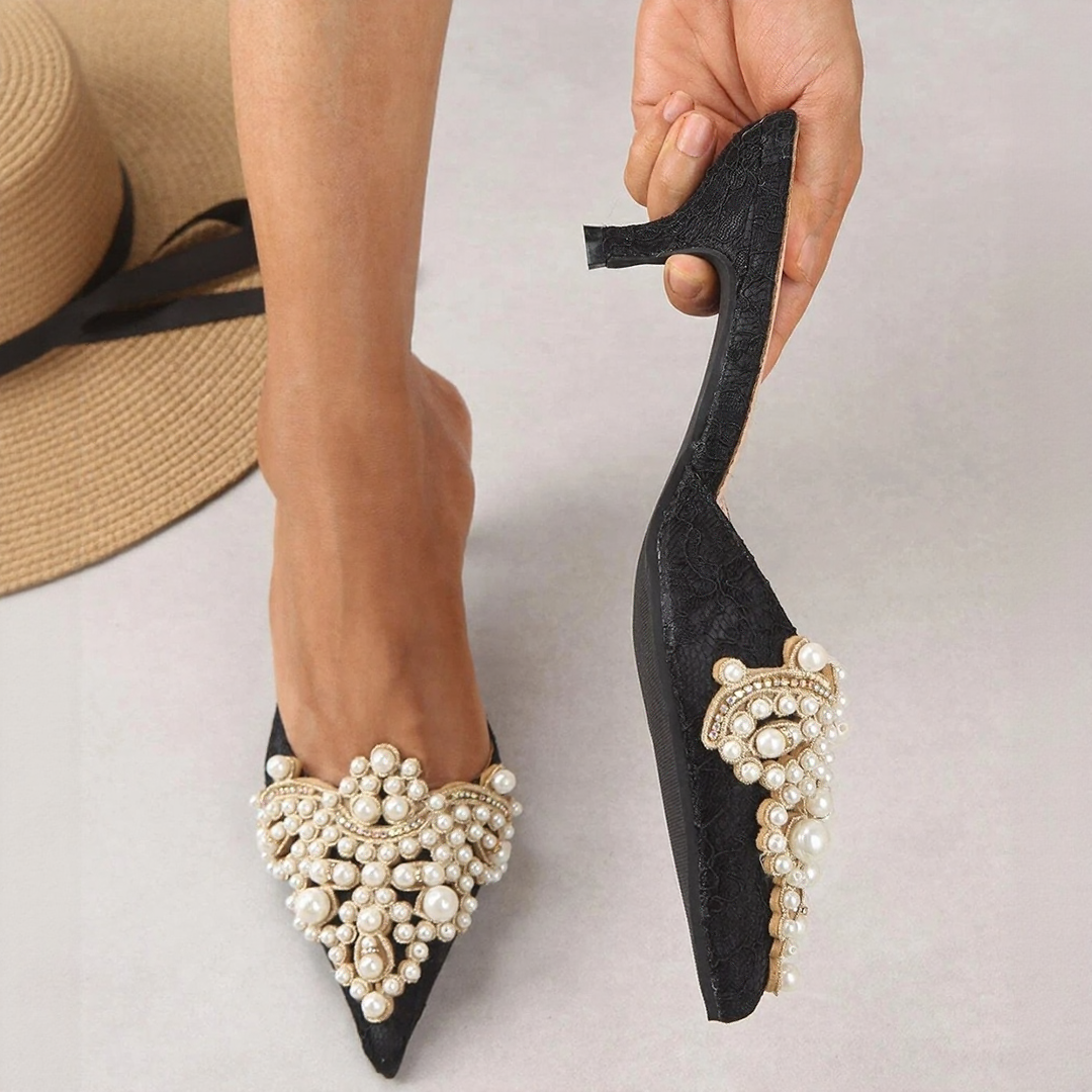 Pearl Embellished Pointed Toe Mules | Elegant Slip-On Heels for Parties & Weddings