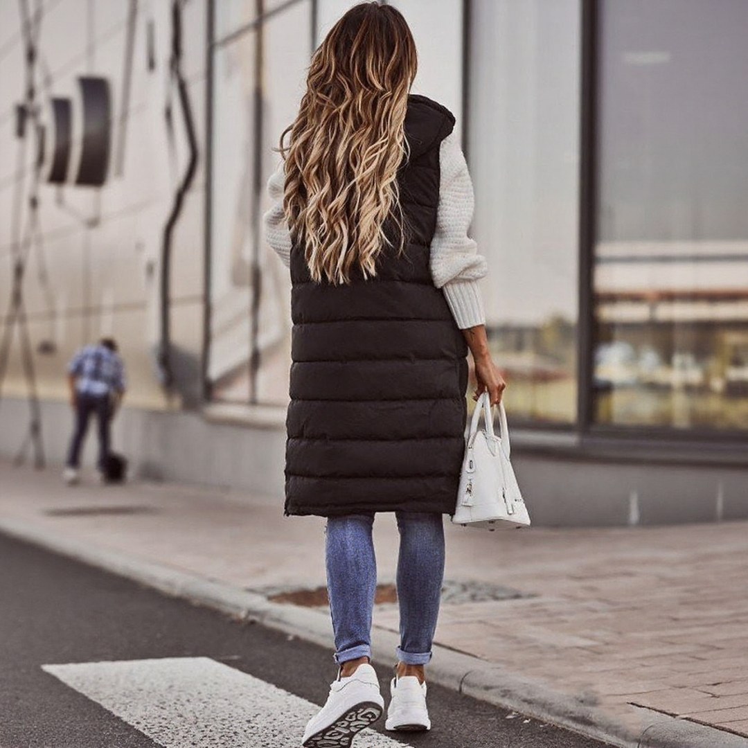 Women’s Long Puffer Bodywarmer with Hood | Quilted Knee-Length Bodywarmer