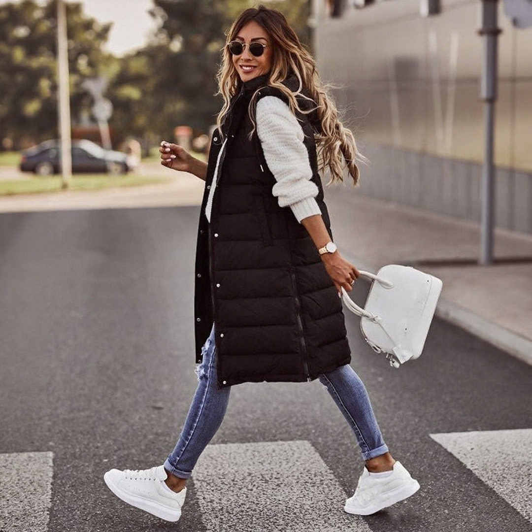 Women’s Long Puffer Bodywarmer with Hood | Quilted Knee-Length Bodywarmer