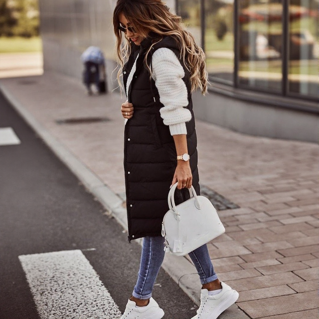 Women’s Long Puffer Bodywarmer with Hood | Quilted Knee-Length Bodywarmer