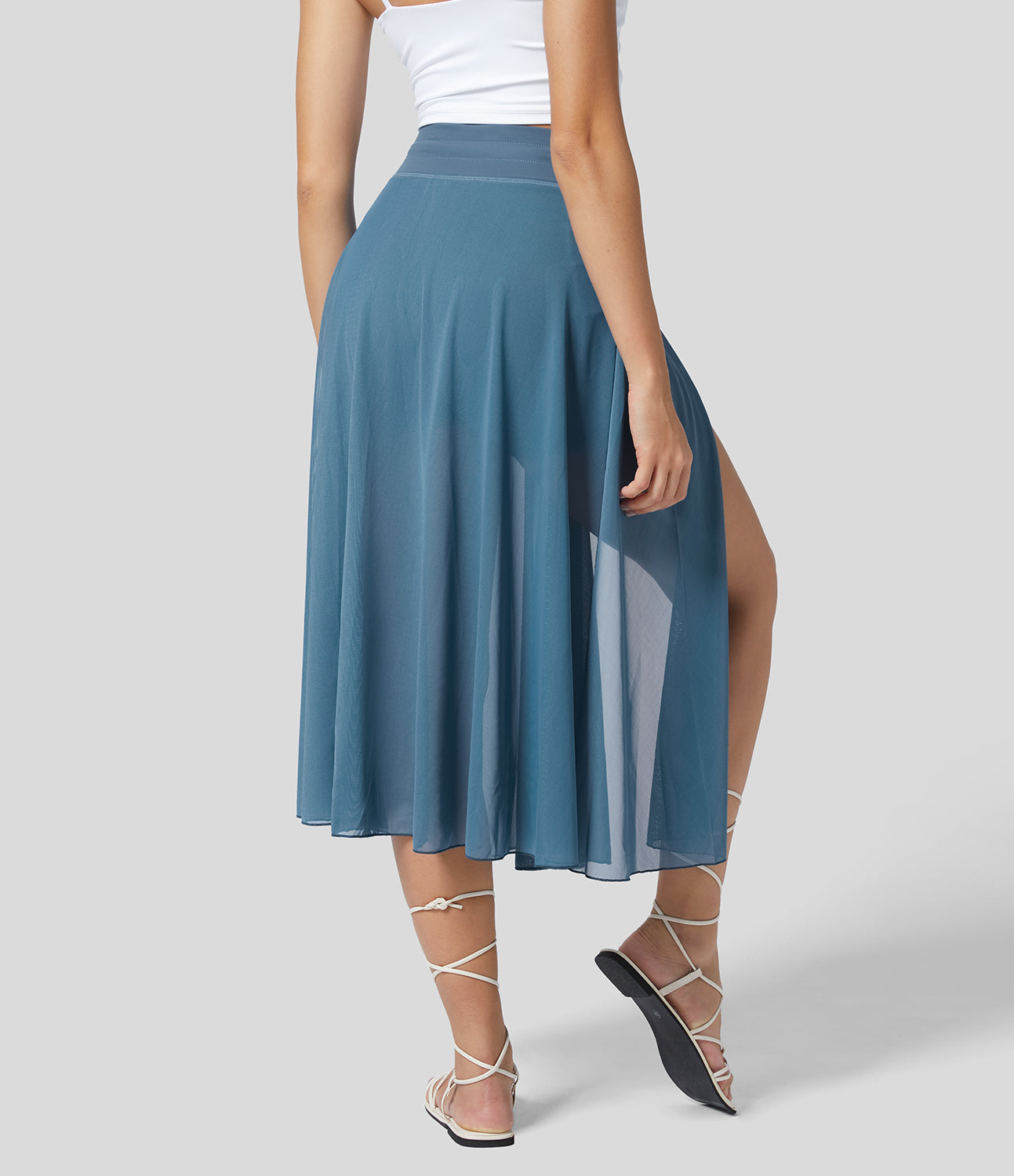 Mesh Overlay High Waist Midi Skirt with Inner Shorts & Pockets