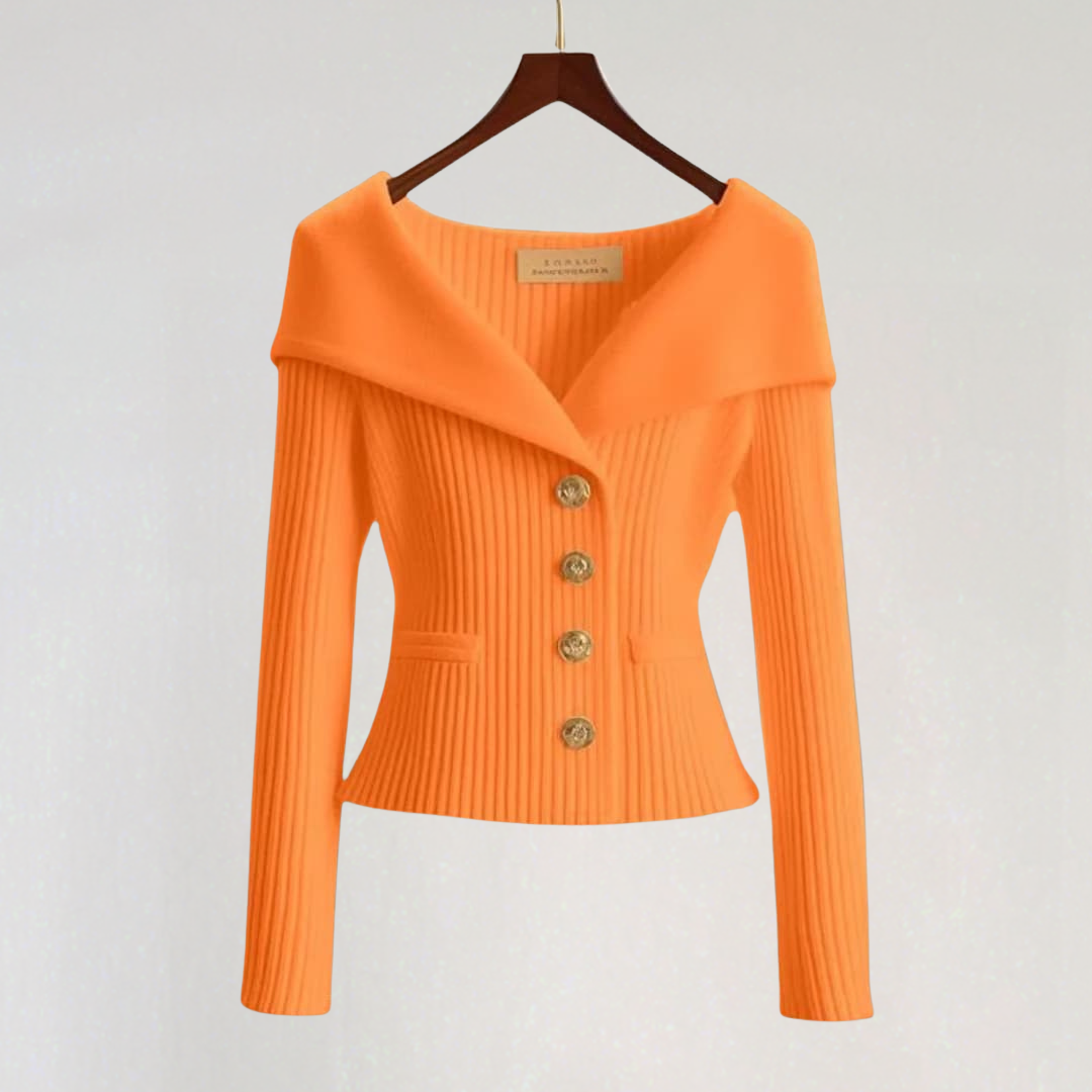 Off-Shoulder Knit Cardigan with Gold Buttons