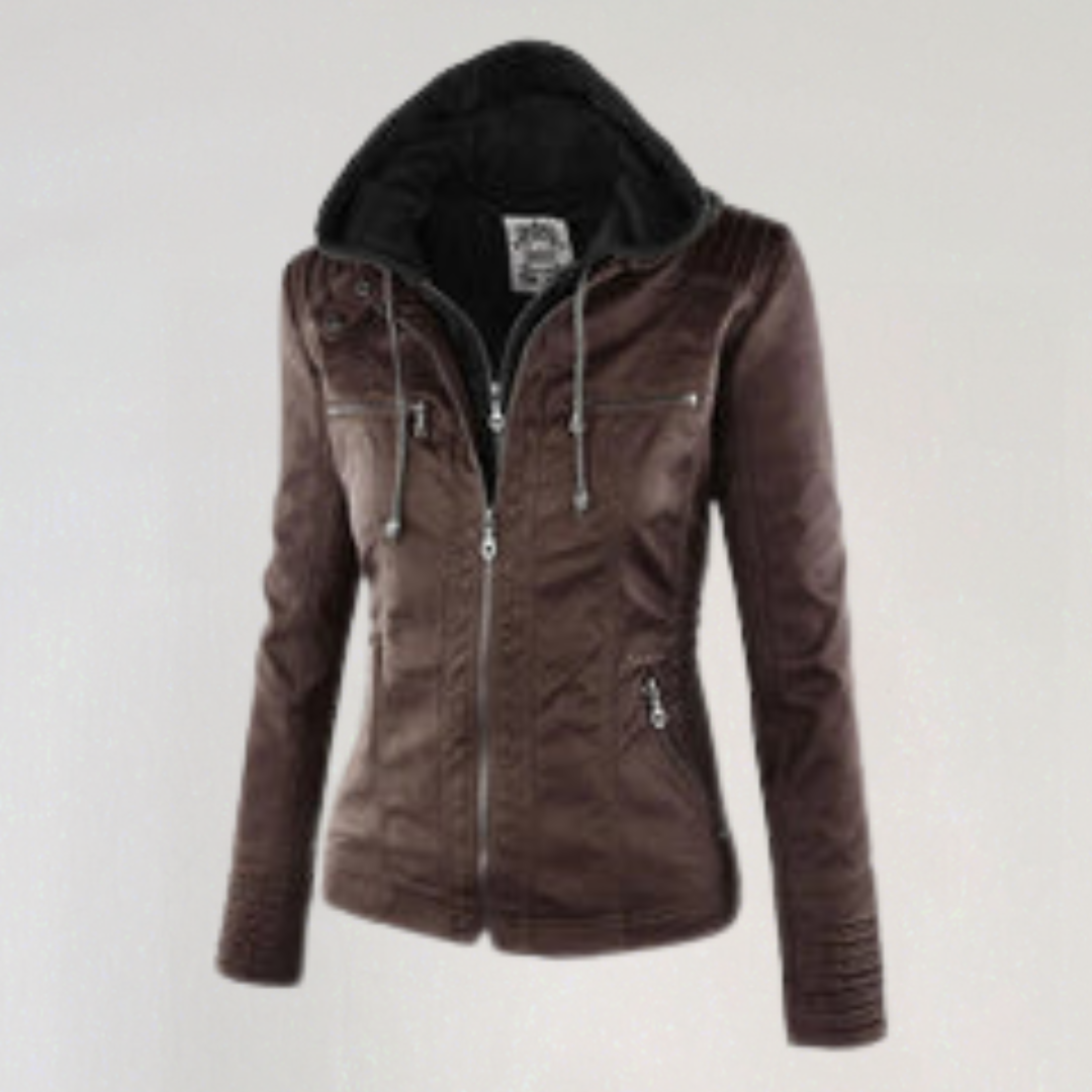 Women's Leather Jacket with Removable Hood