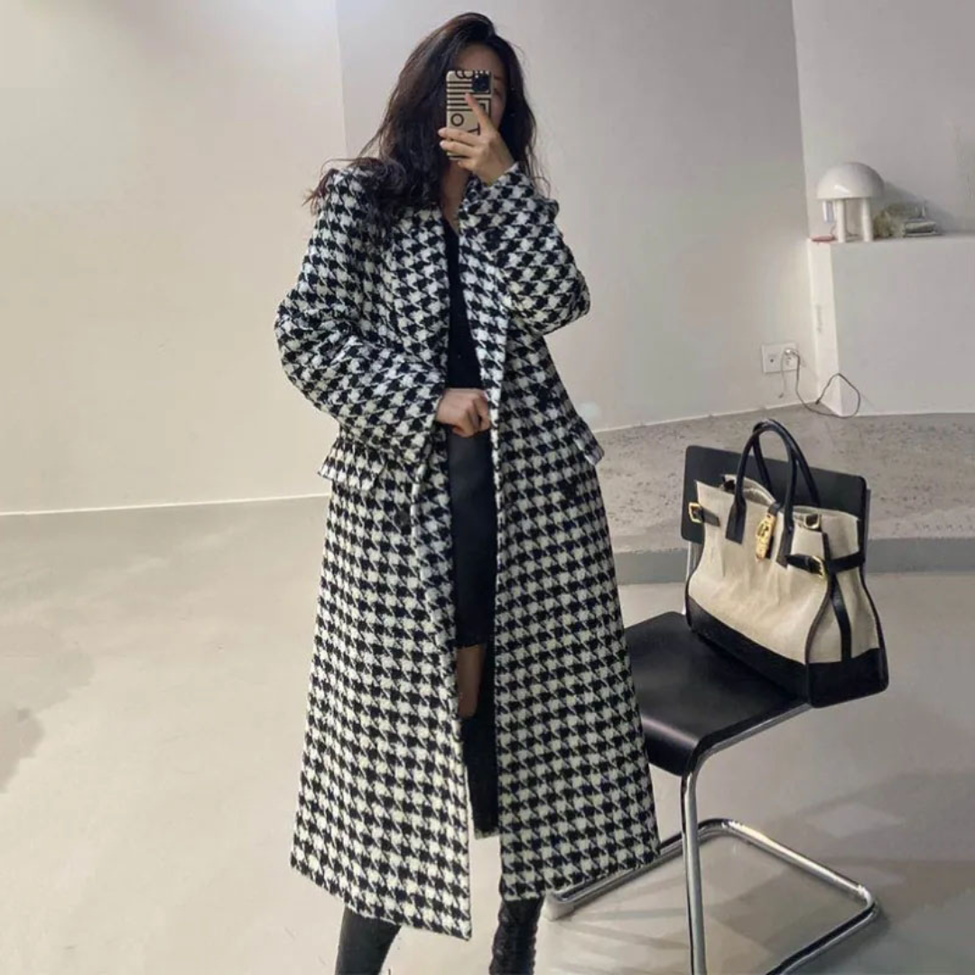 Elegant Houndstooth Long Coat for Women | Elegant Double-Breasted Winter Overcoat