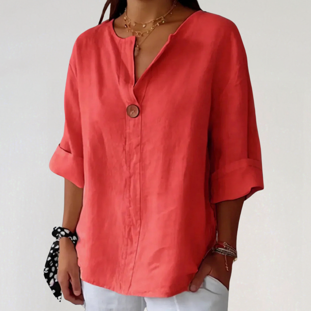 Velniq | Linen Blouse | Casual V-Neck Button-Up | Women