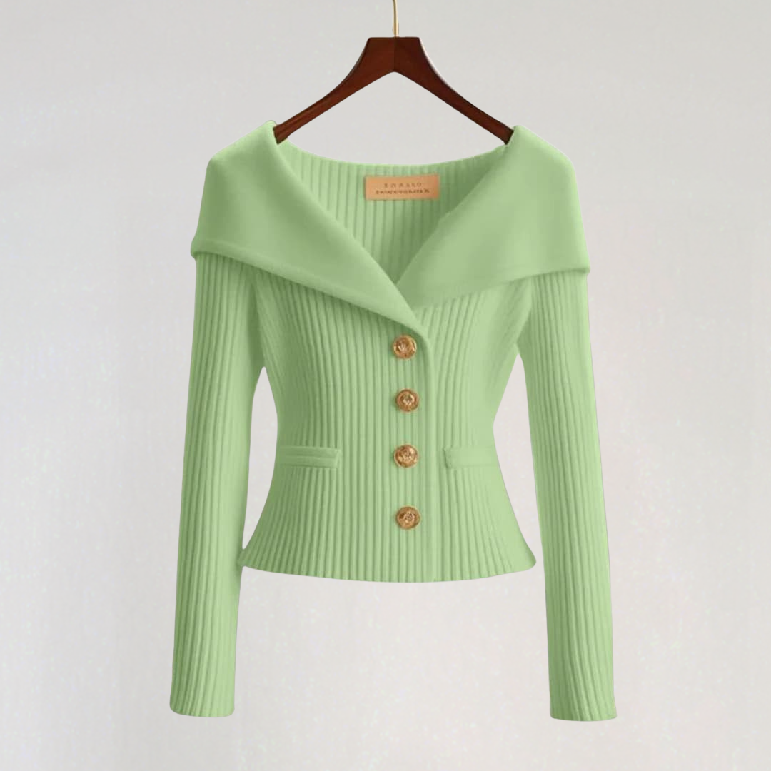 Off-Shoulder Knit Cardigan with Gold Buttons