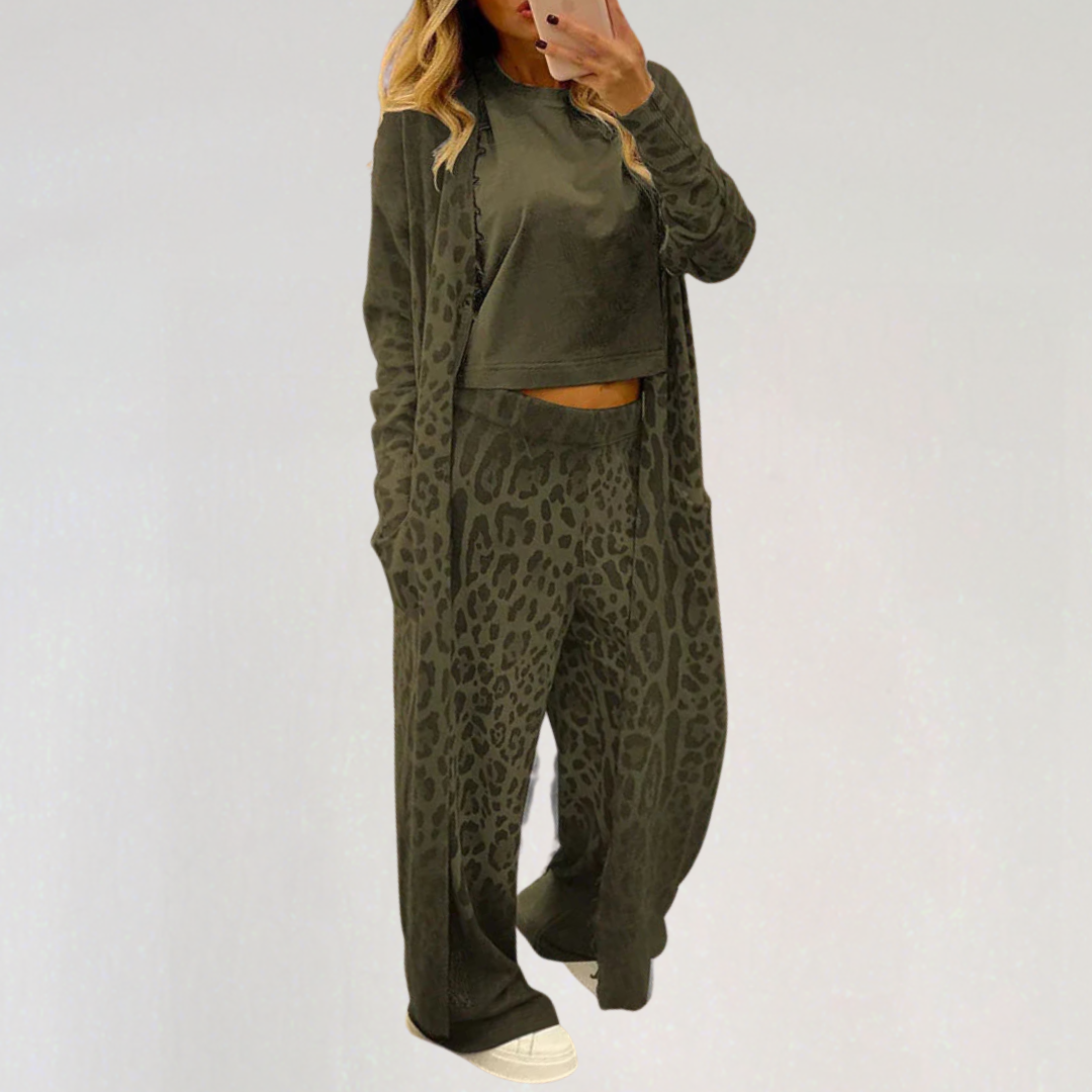 Leopard Print Loungewear Set for Women | Soft Cozy Matching Lounge Pants & Cardigan