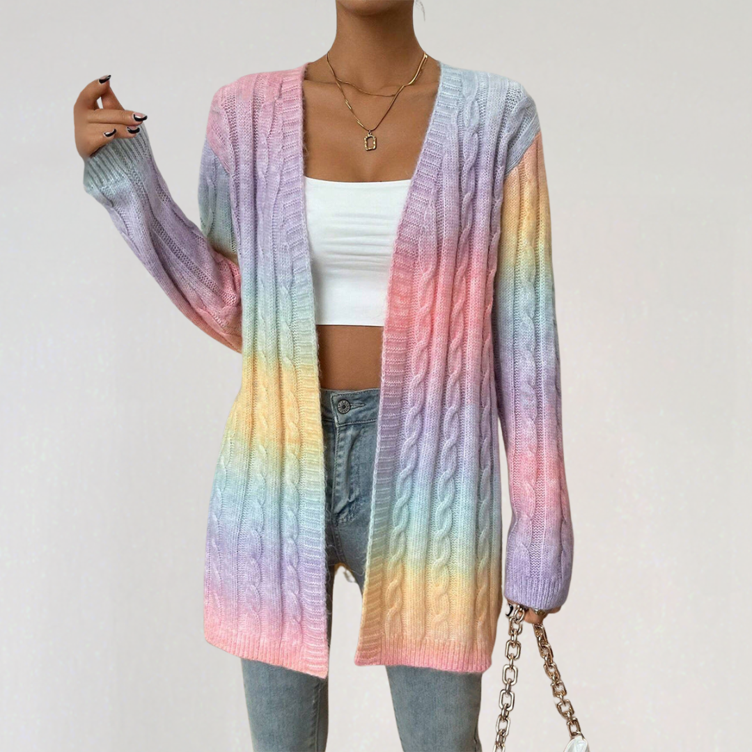 Pastel Rainbow Gradient Cable-Knit Cardigan