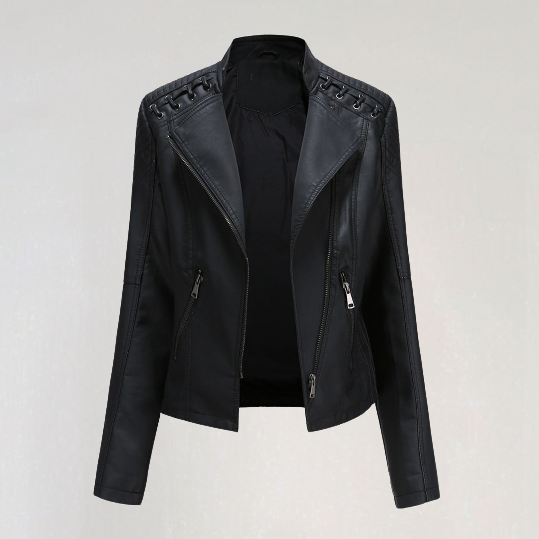 Stylish Faux Leather Biker Jacket with Zipper Pockets & Lacing Detail