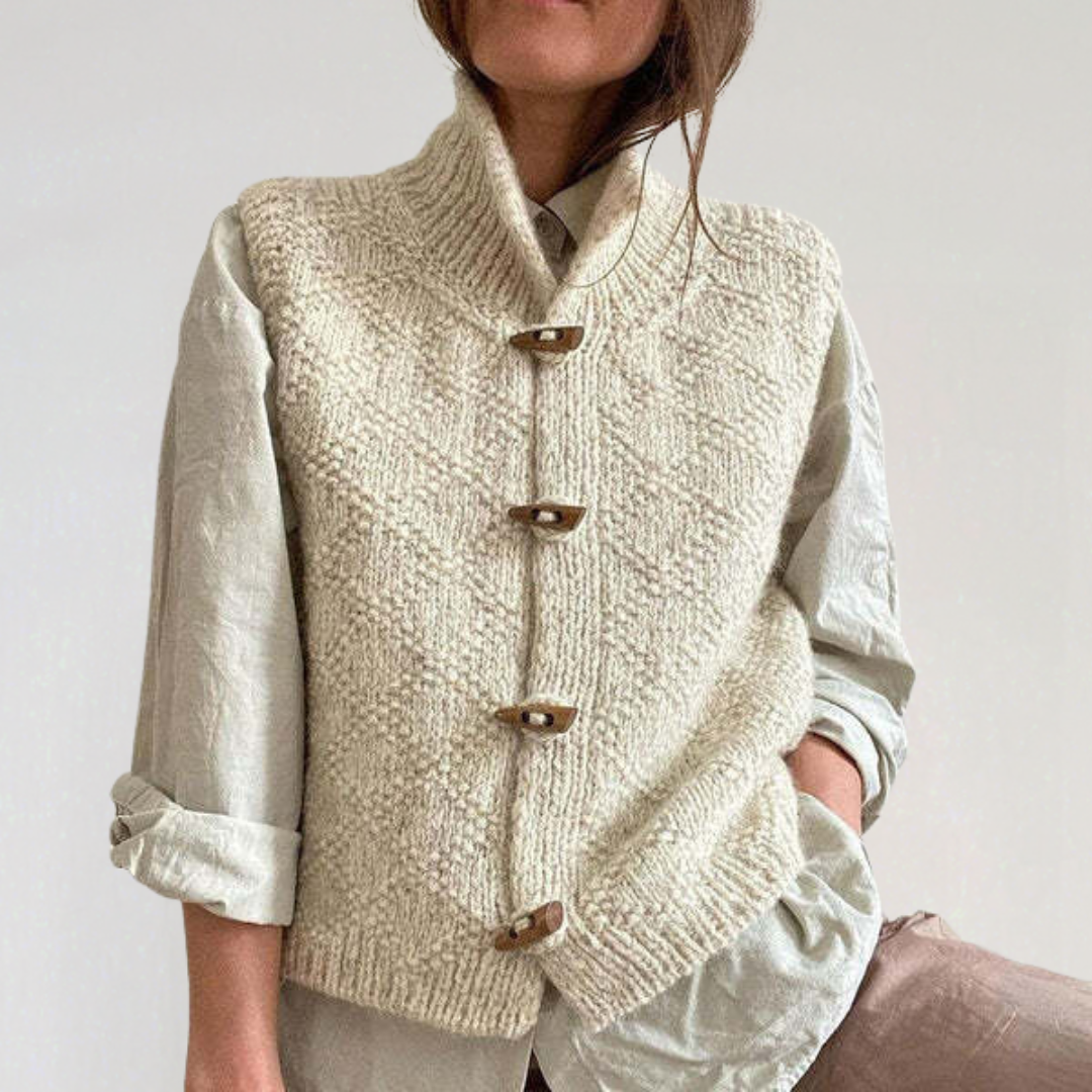 Chunky Knit Wool Vest with Wooden Buttons | Cozy Sleeveless Cardigan