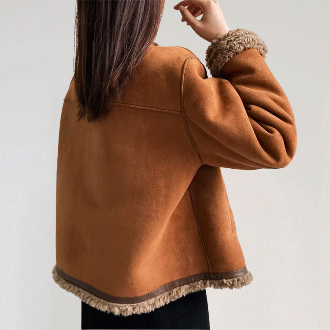 Women’s Faux Suede Shearling Jacket | Warm Winter Sherpa Coat with Button Closure