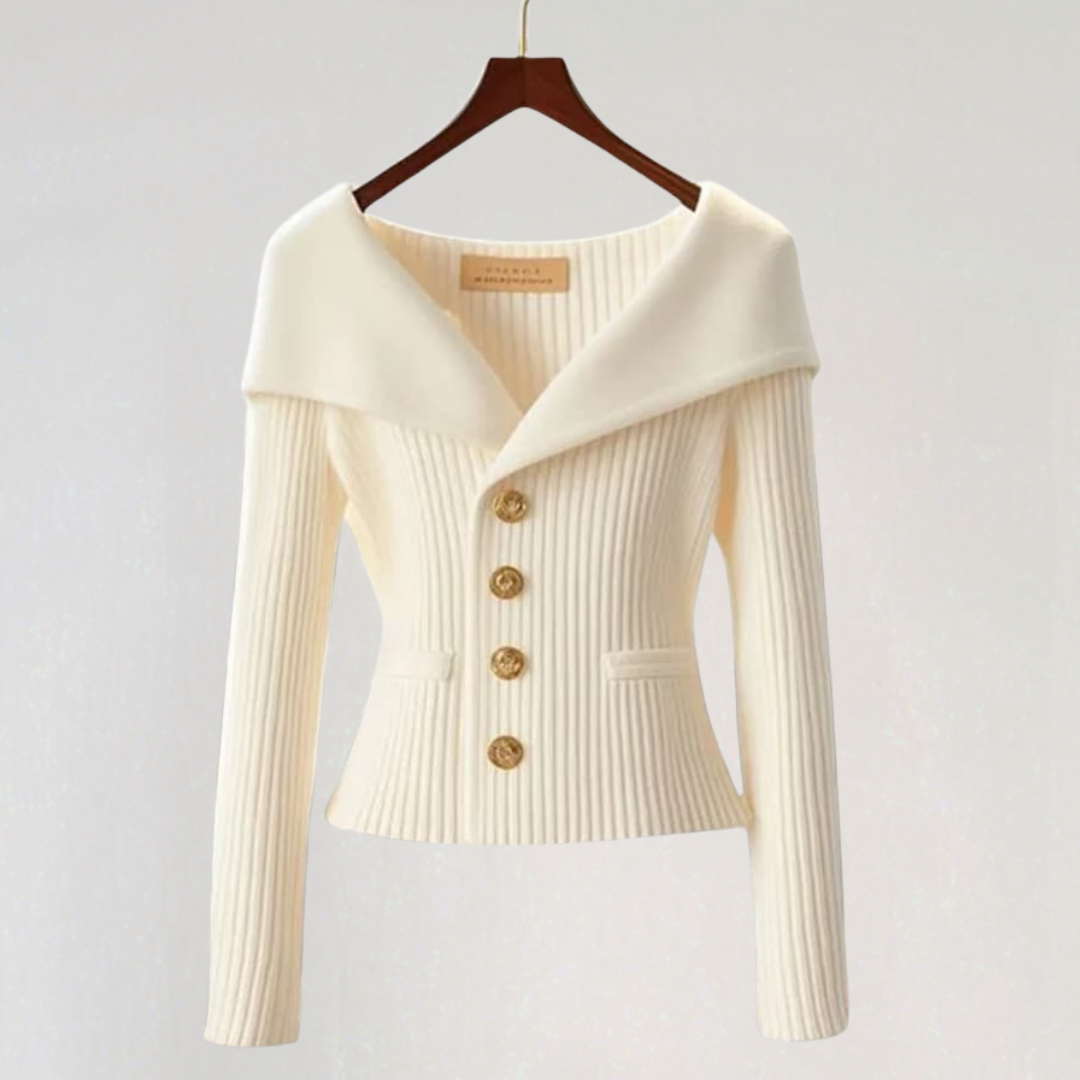 Off-Shoulder Knit Cardigan with Gold Buttons