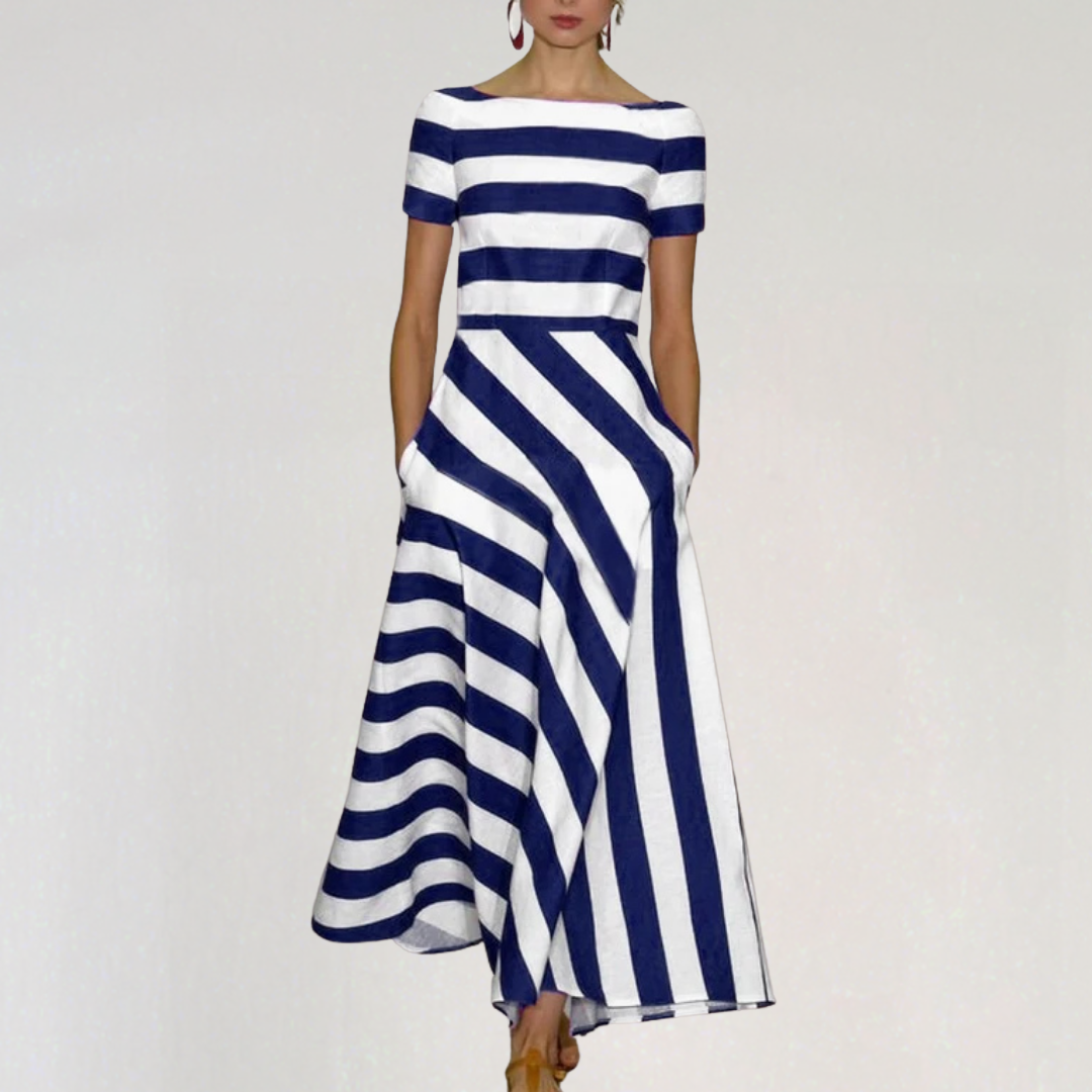 Women’s Boat Neck Striped A-Line Maxi Dress | Nautical Chic Evening Gown