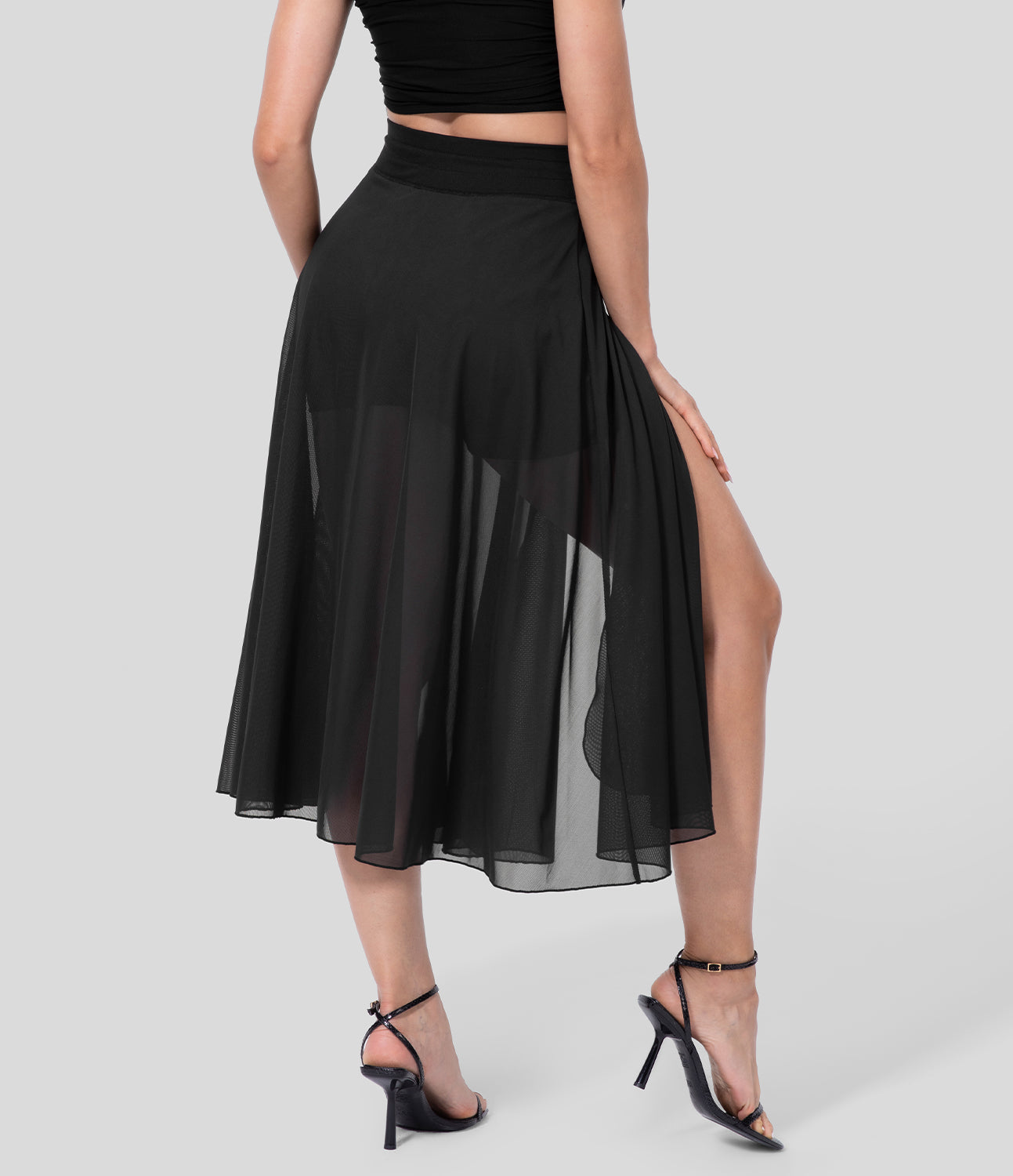 Mesh Overlay High Waist Midi Skirt with Inner Shorts & Pockets