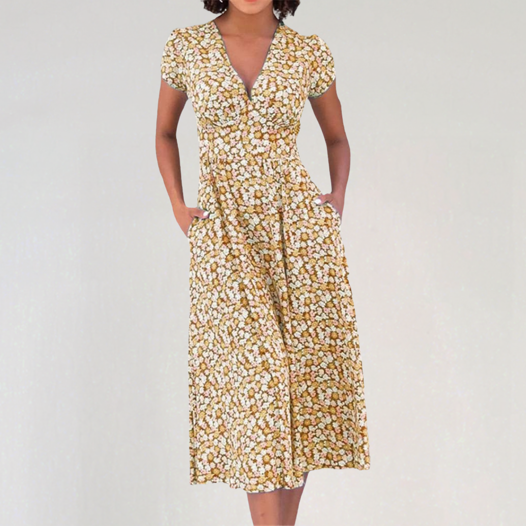 Elegant V-neck Floral Midi Dress