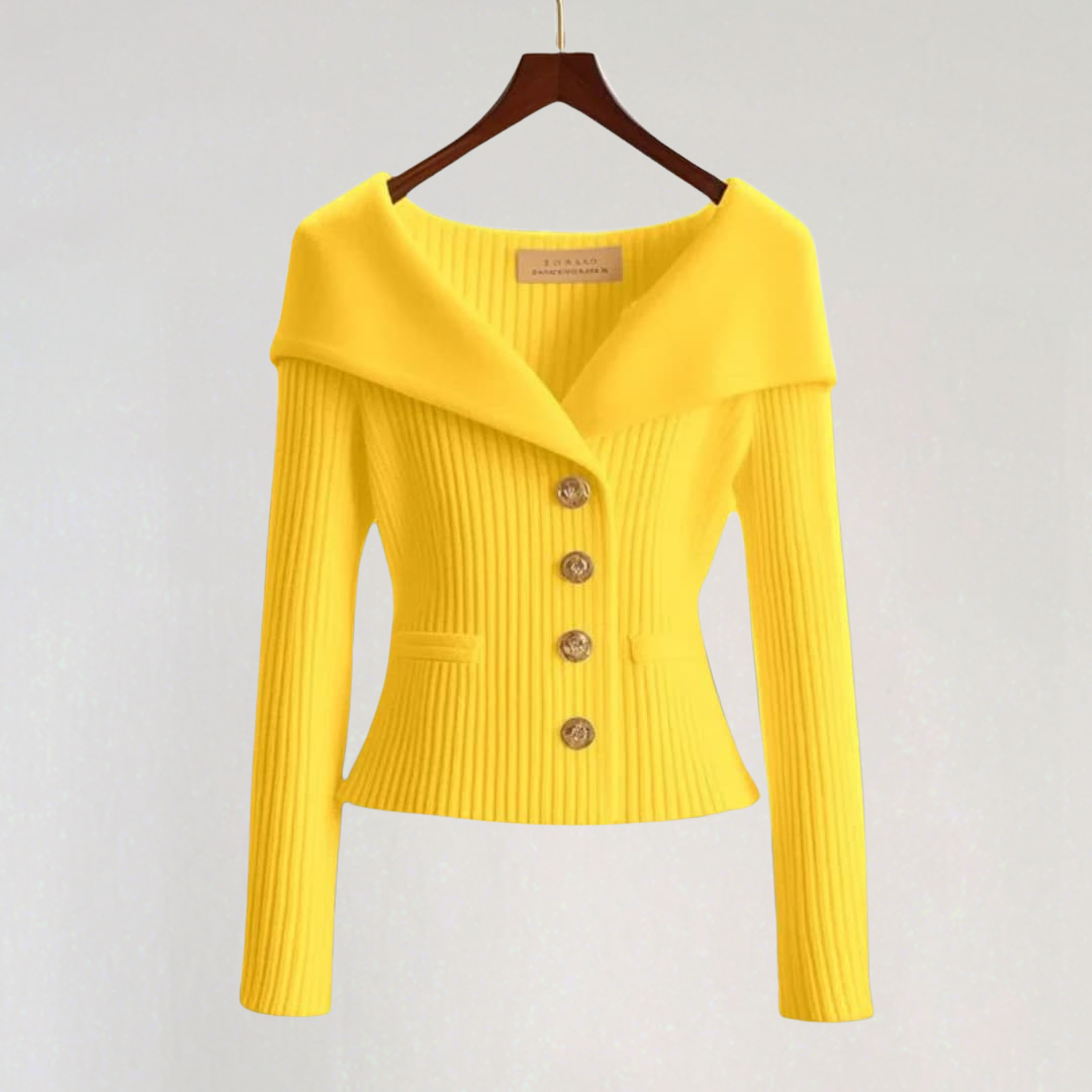 Off-Shoulder Knit Cardigan with Gold Buttons