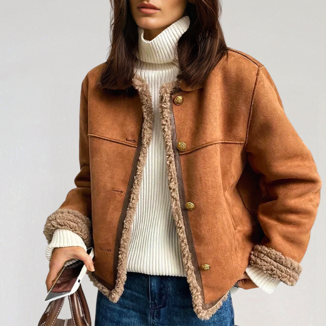 Women’s Faux Suede Shearling Jacket | Warm Winter Sherpa Coat with Button Closure