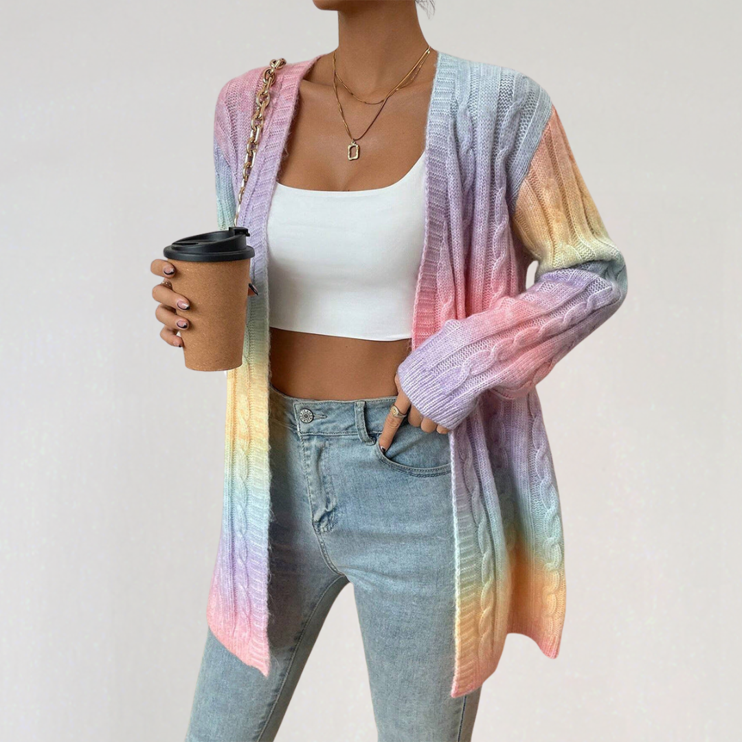 Pastel Rainbow Gradient Cable-Knit Cardigan