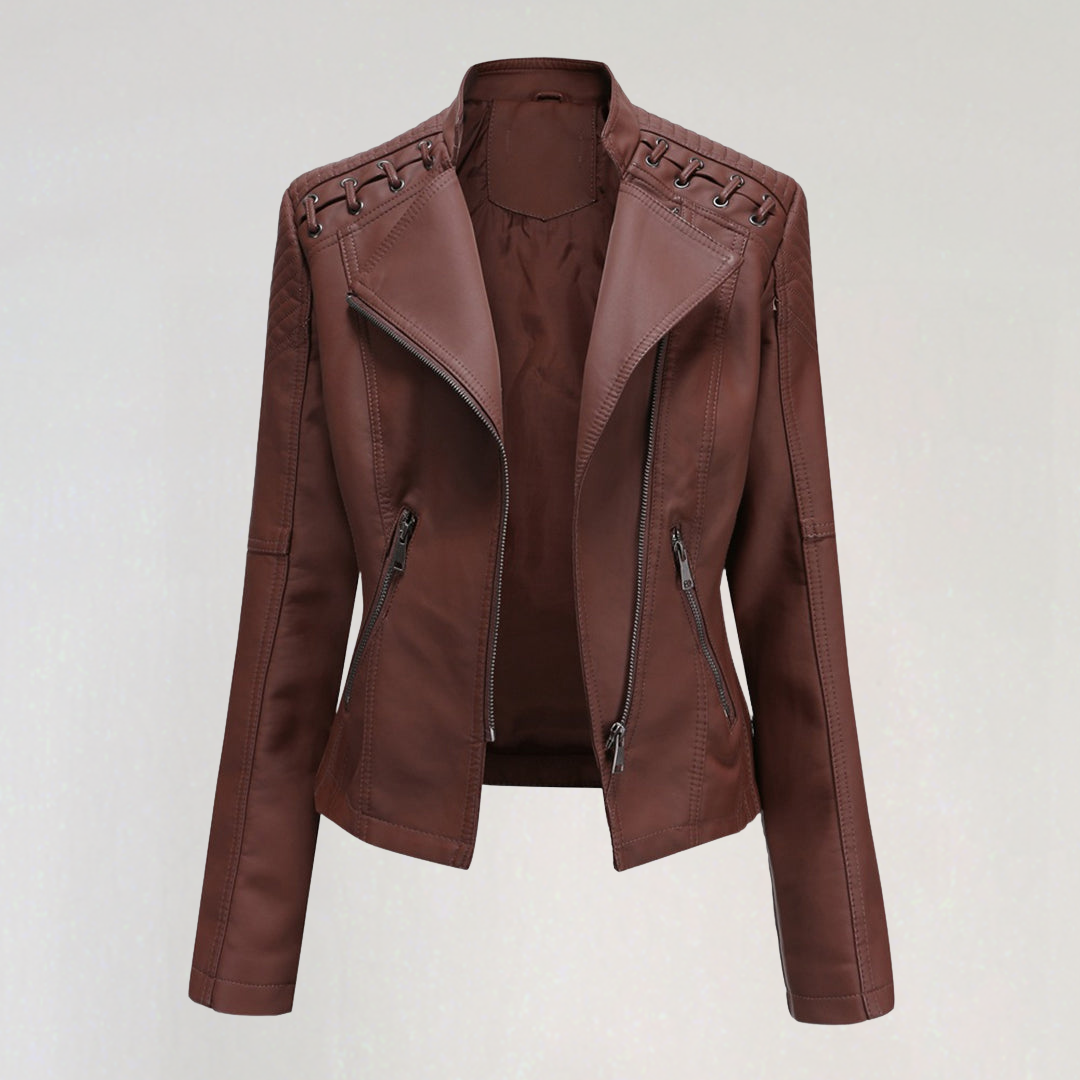 Stylish Faux Leather Biker Jacket with Zipper Pockets & Lacing Detail