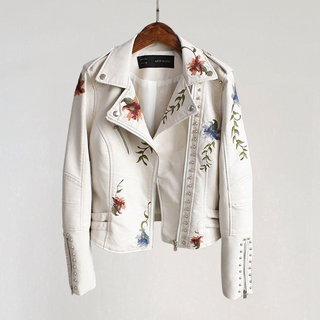 Women’s Floral Embroidered Faux Leather Biker Jacket