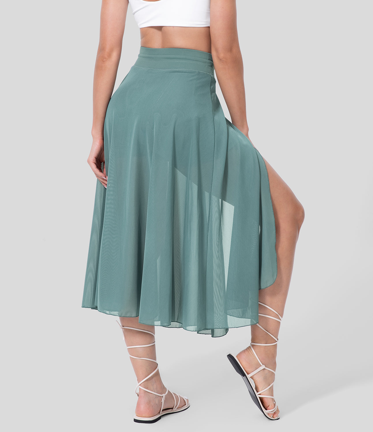 Mesh Overlay High Waist Midi Skirt with Inner Shorts & Pockets