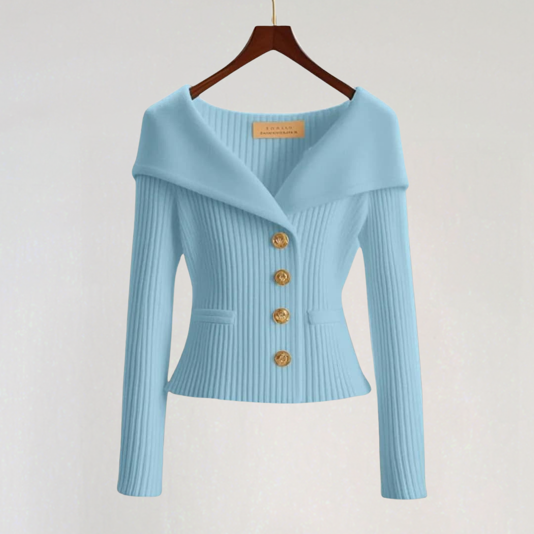 Off-Shoulder Knit Cardigan with Gold Buttons