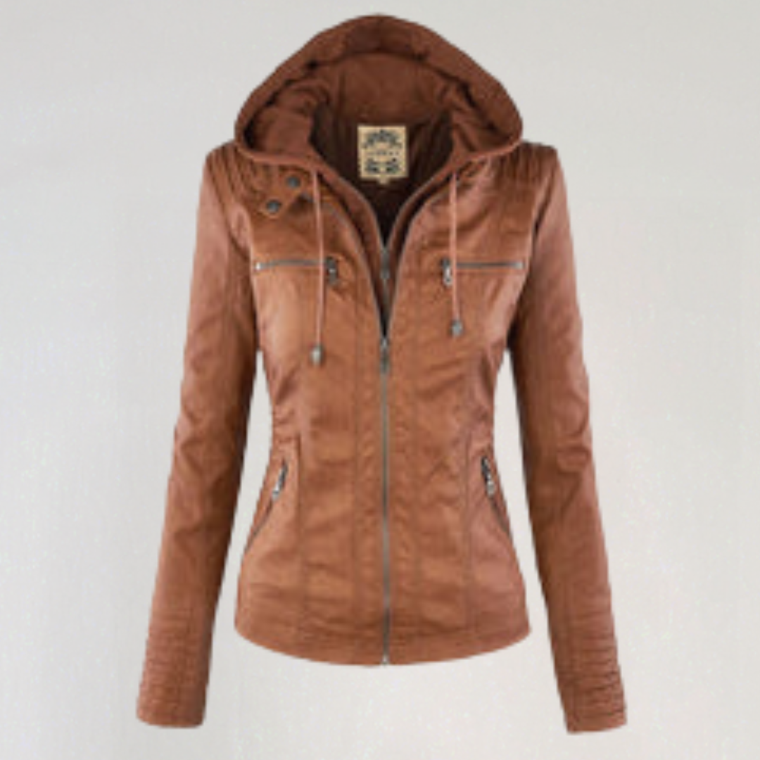 Women's Leather Jacket with Removable Hood