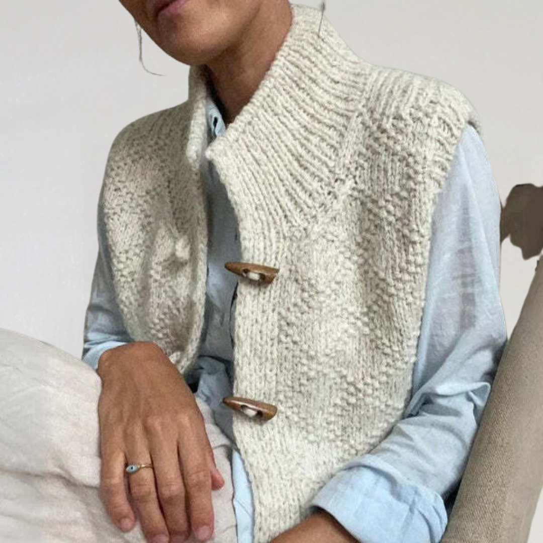 Chunky Knit Wool Vest with Wooden Buttons | Cozy Sleeveless Cardigan