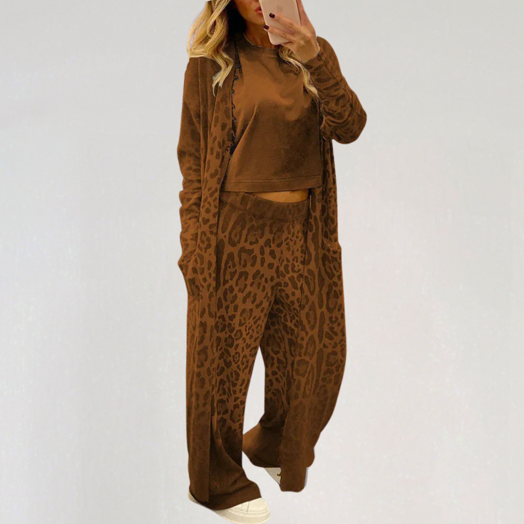Leopard Print Loungewear Set for Women | Soft Cozy Matching Lounge Pants & Cardigan