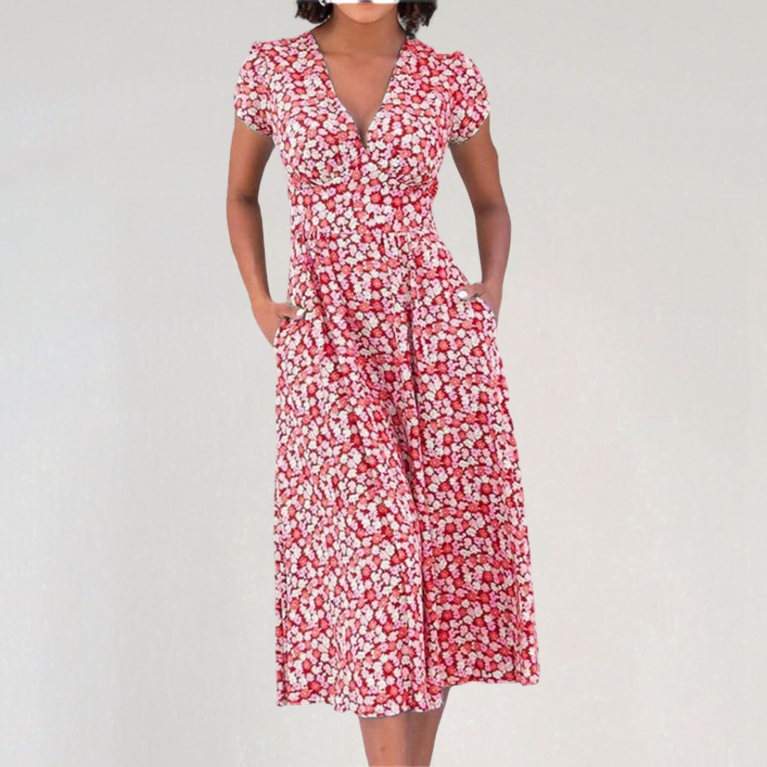 Elegant V-neck Floral Midi Dress