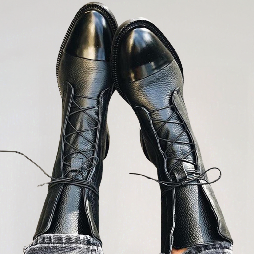 Women’s Black Lace-Up Leather Combat Boots | Classic Polished Toe Winter Ankle Boots