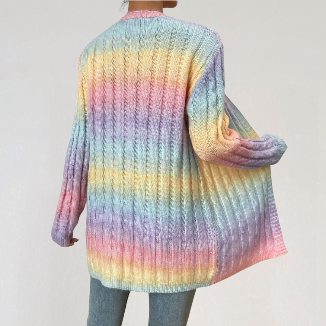Pastel Rainbow Gradient Cable-Knit Cardigan