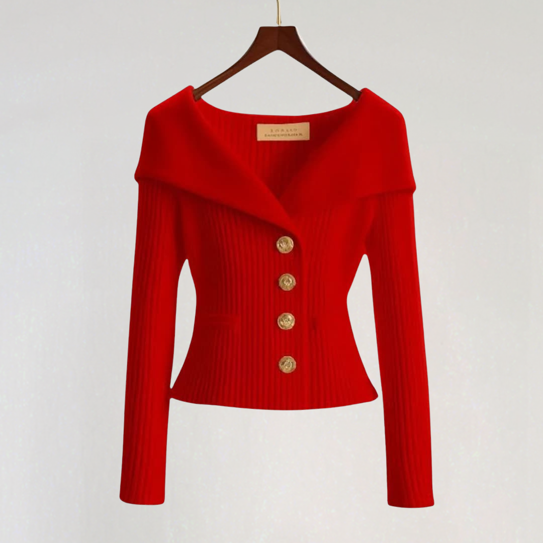 Off-Shoulder Knit Cardigan with Gold Buttons