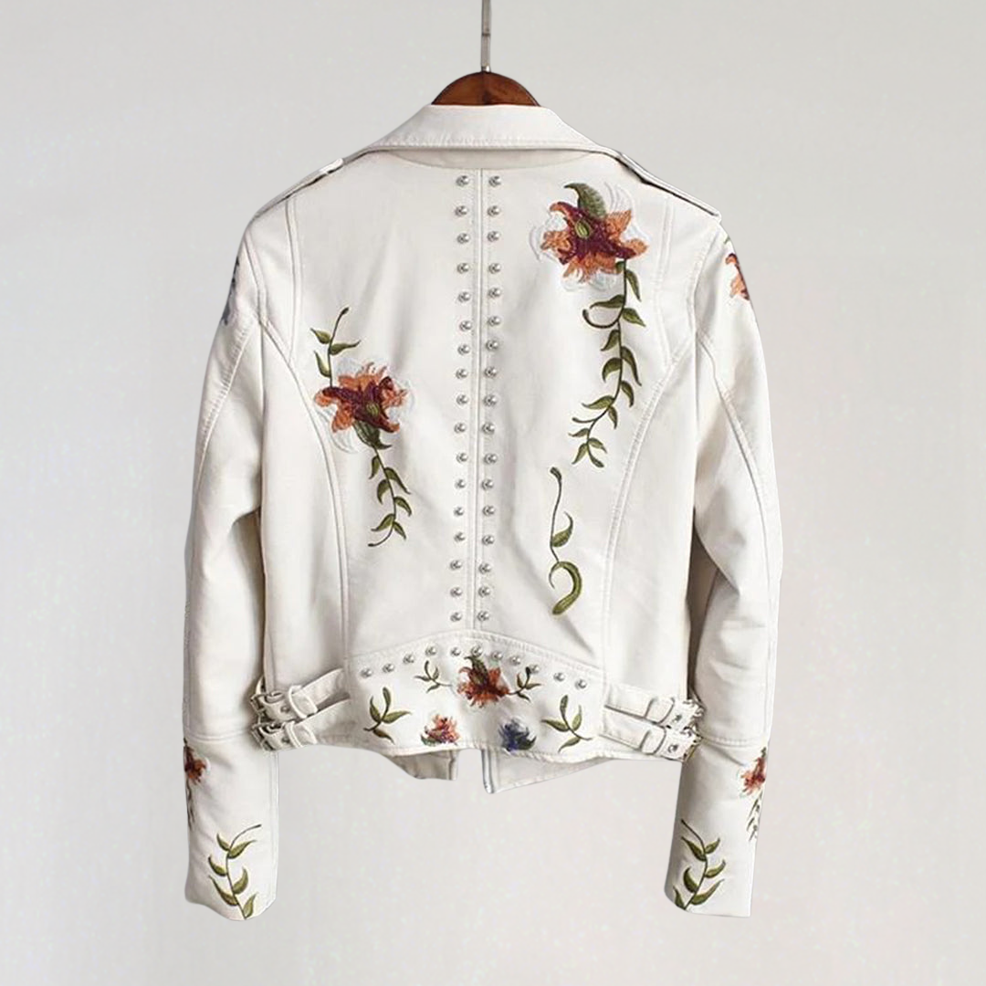 Women’s Floral Embroidered Faux Leather Biker Jacket
