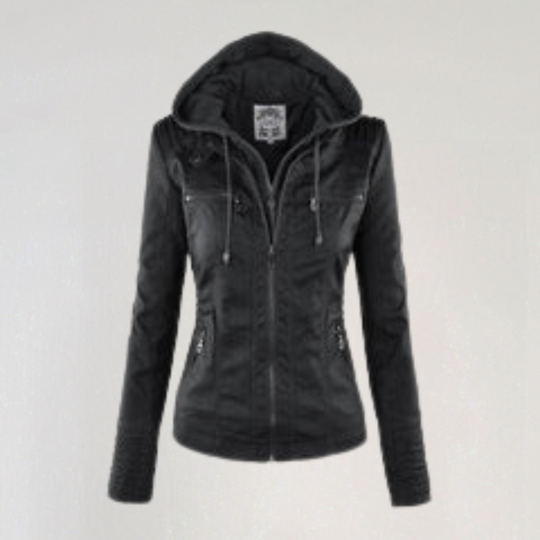 Women's Leather Jacket with Removable Hood