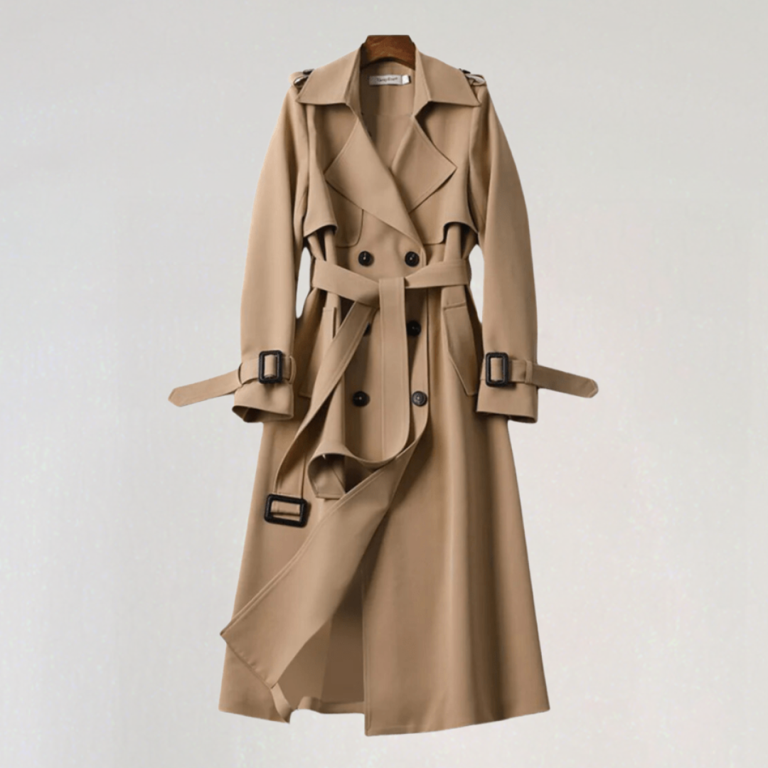 Elegant Long Belted Trench Coat for Women | Double-Breasted Windbreaker Jacket