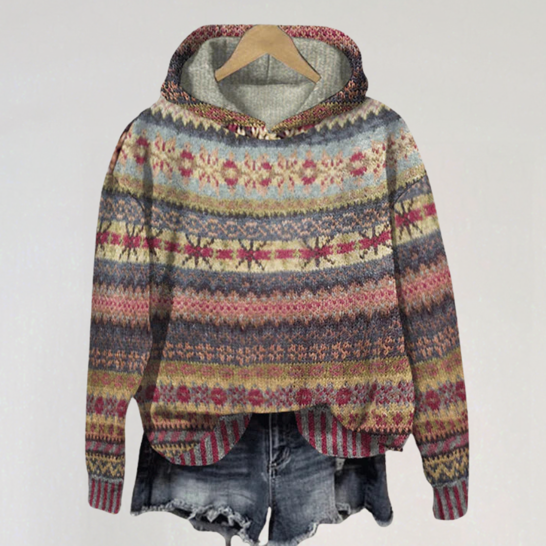 Nordic Knit Hoodie Sweater | Cozy Fair Isle Winter Pullover for Women