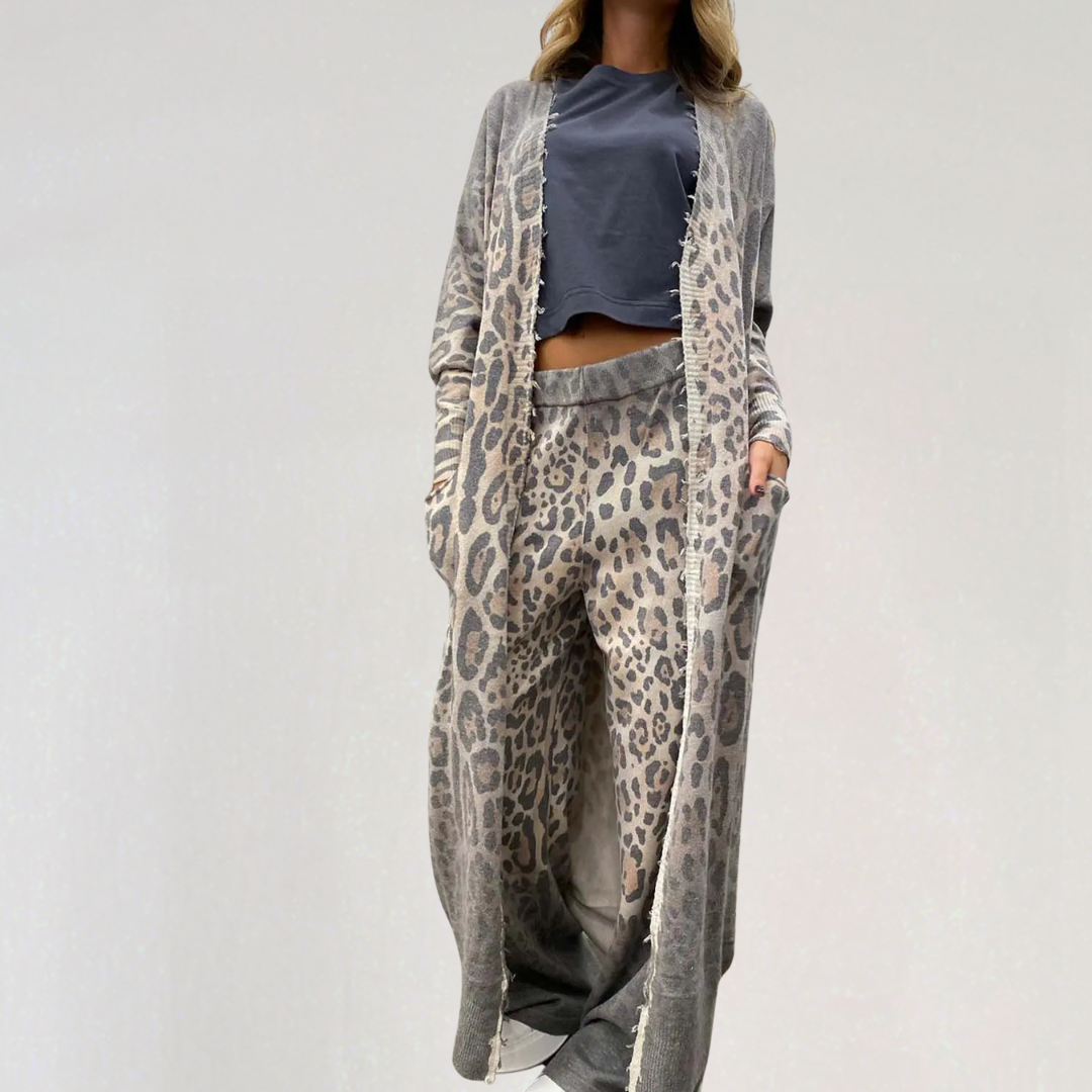 Leopard Print Loungewear Set for Women | Soft Cozy Matching Lounge Pants & Cardigan