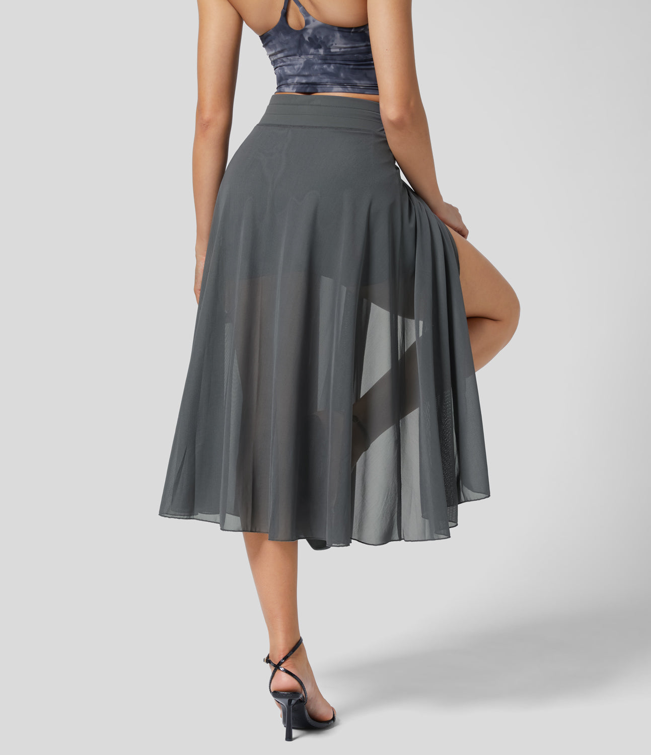 Mesh Overlay High Waist Midi Skirt with Inner Shorts & Pockets